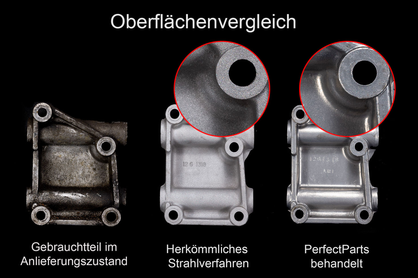 Ansicht unterschiedlicher Oberflächen von Aluminiumteilen nach dem Sandstrahlen gegenüber der Perfectparts-Behandlung